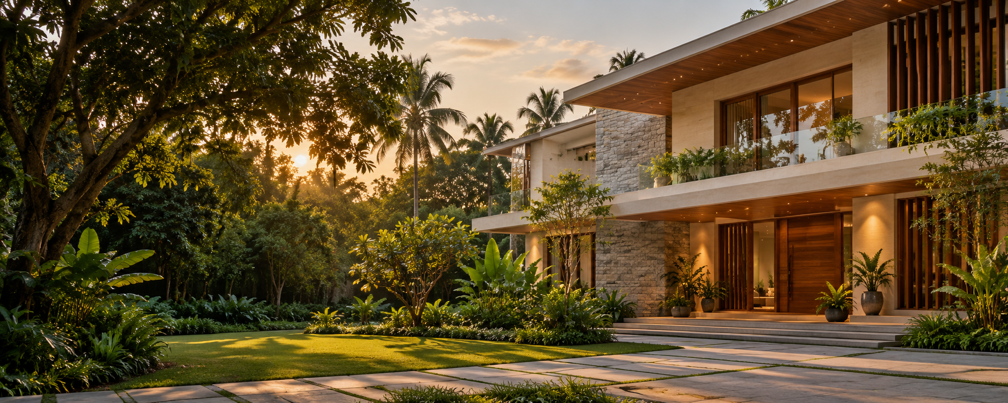 Illustrative view of a contemporary home in a tropical landscape
