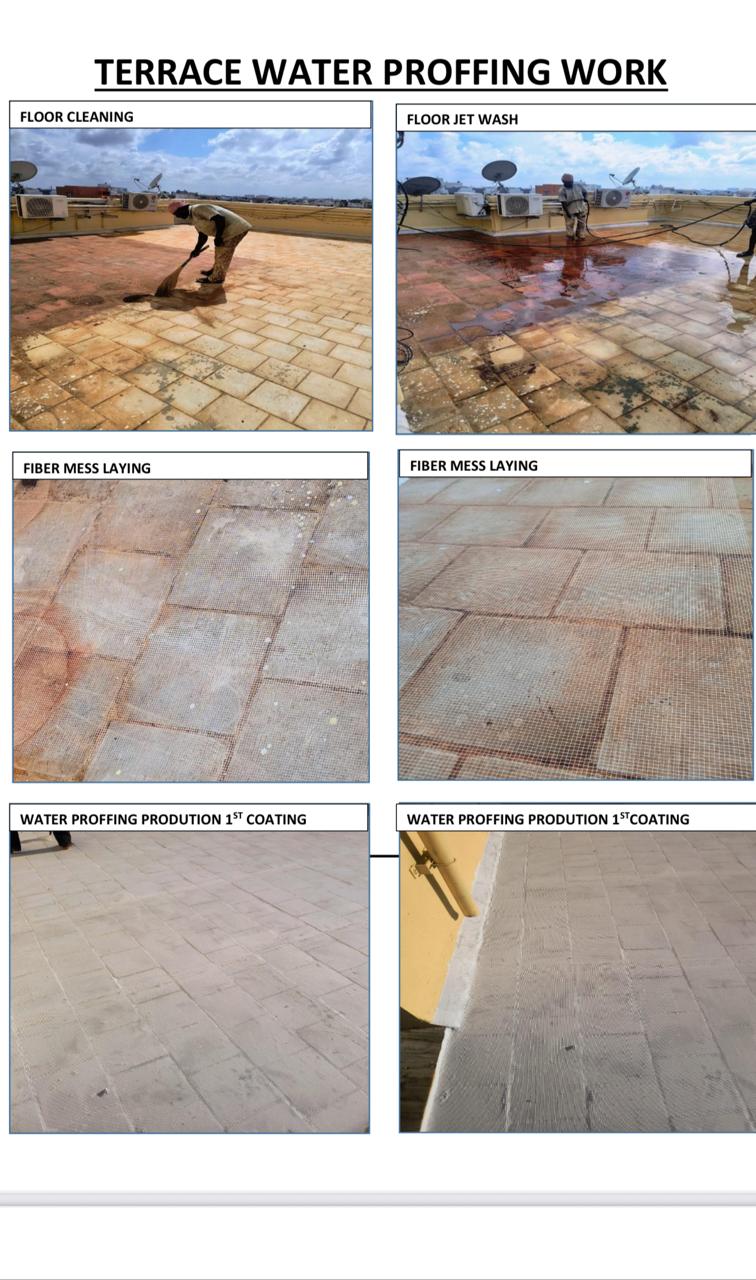Terrace waterproofing work stages, including floor cleaning, mesh laying and coating